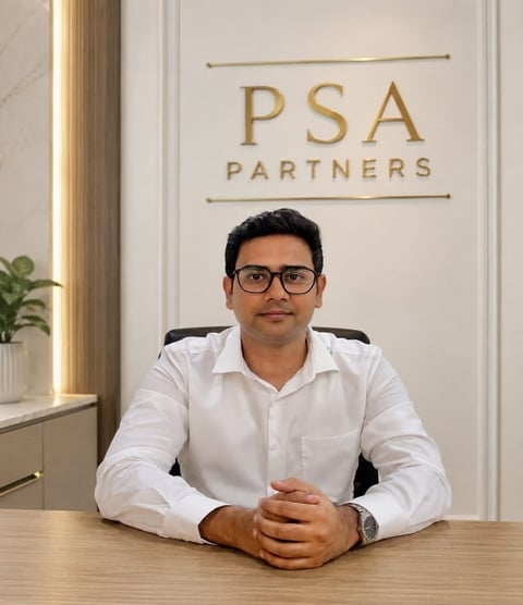 Man in white shirt sitting at desk with PSA Partners logo on wall behind him
