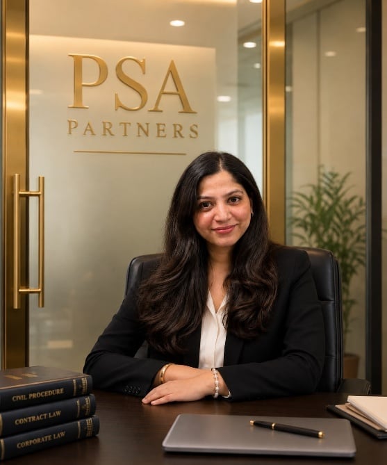 Professional woman in black blazer seated at desk with law books, in PSA Partners office with gold-framed entrance visible behind her