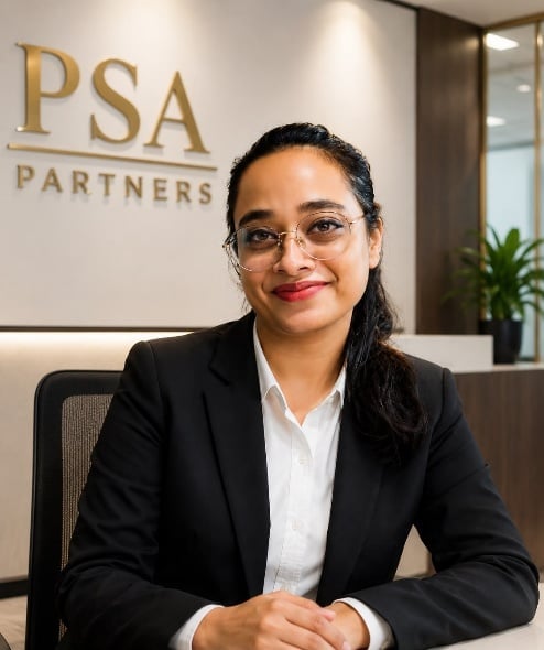 Professional woman in black blazer and white shirt sitting at PSA Partners office, smiling at camera