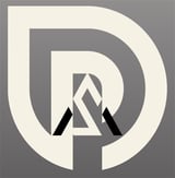 Abstract geometric logo with nested circular shapes, gray and cream concentric rings, and black angular elements in center
