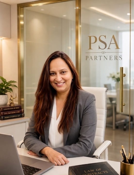 Professional woman in gray blazer seated at desk in PSA Partners office with laptop and law books