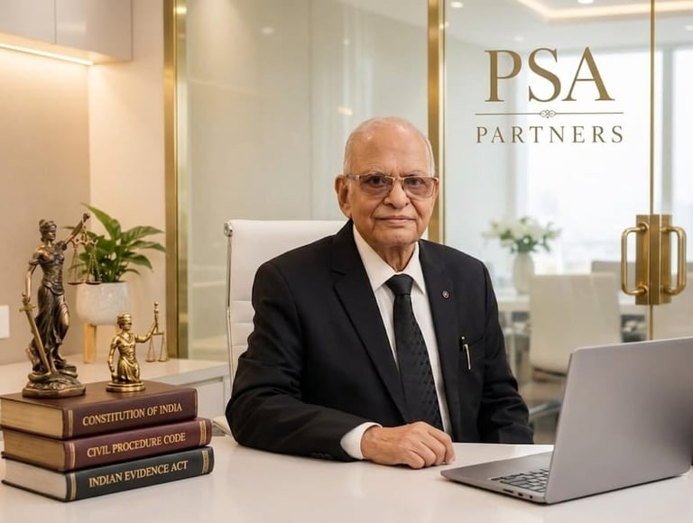 Senior man in business suit sitting at desk with laptop, legal books, and decorative items in modern office with PSA Partners branding