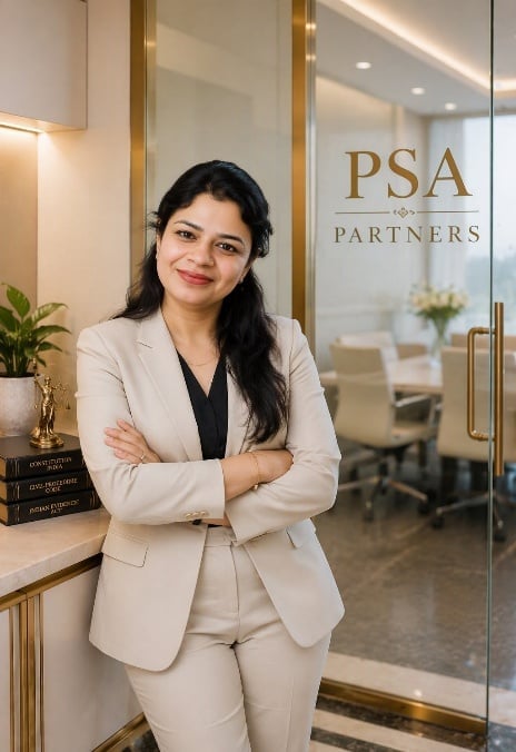 Woman in beige business suit standing in front of PSA Partners office entrance with arms crossed, smiling at camera