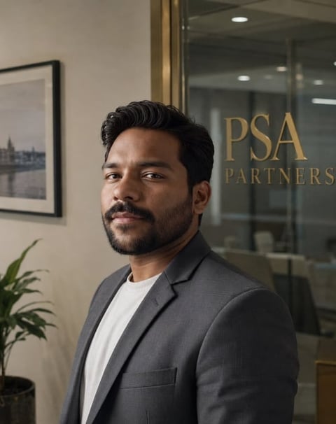 Professional man in dark blazer and white shirt standing in modern office with PSA Partners sign visible on glass door behind him