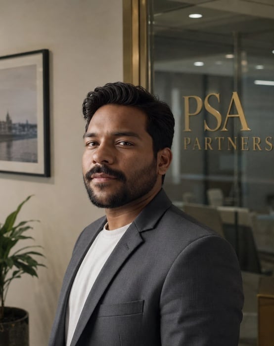 Professional man in dark blazer and white shirt standing in modern office with PSA Partners sign visible on glass door behind him